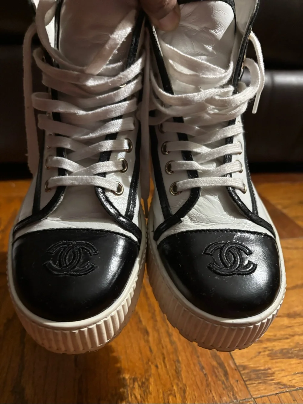 CHANEL White and Black Logo High-Top Sneakers